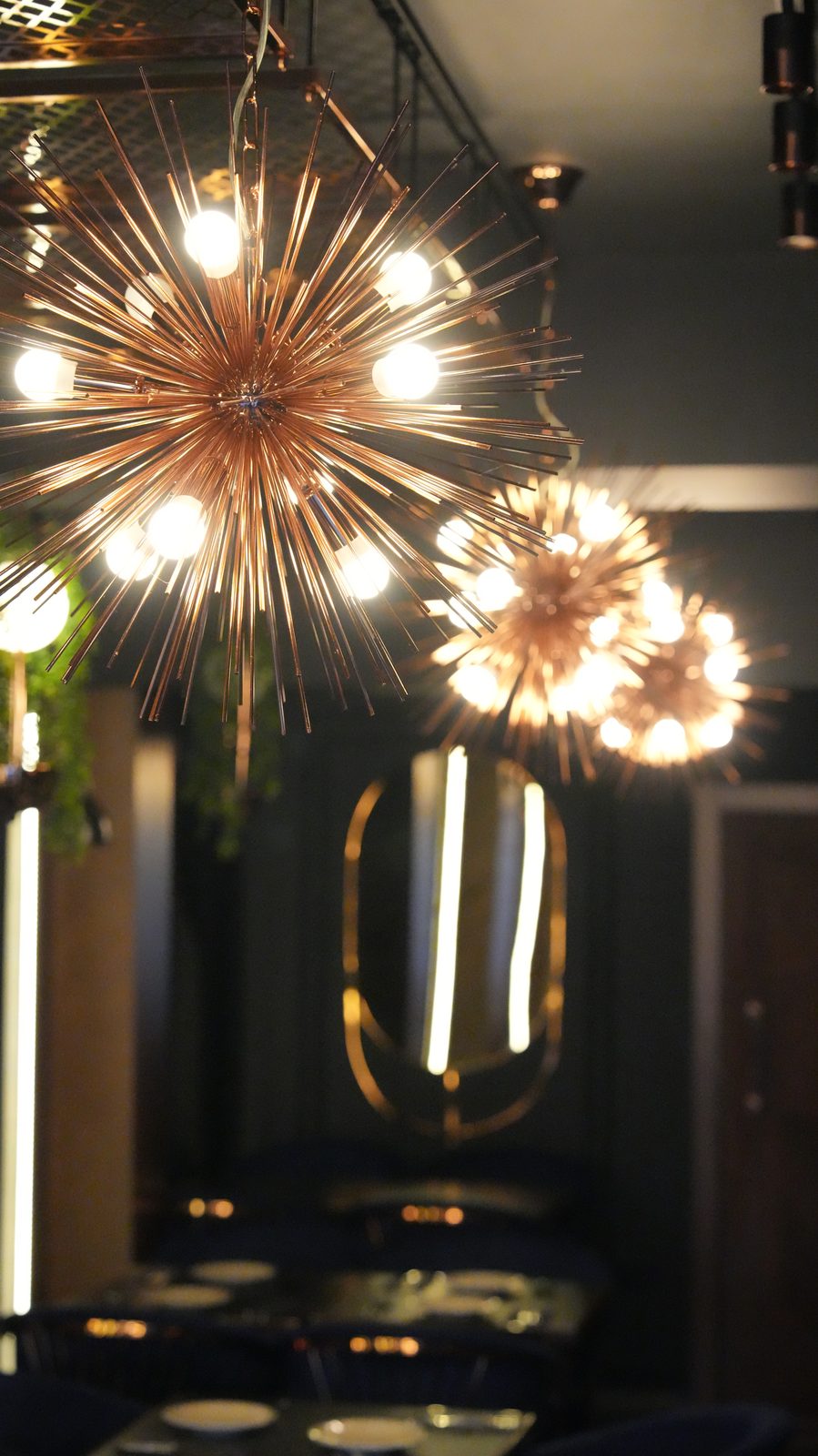 Sputnik chandelier and warm interior detail